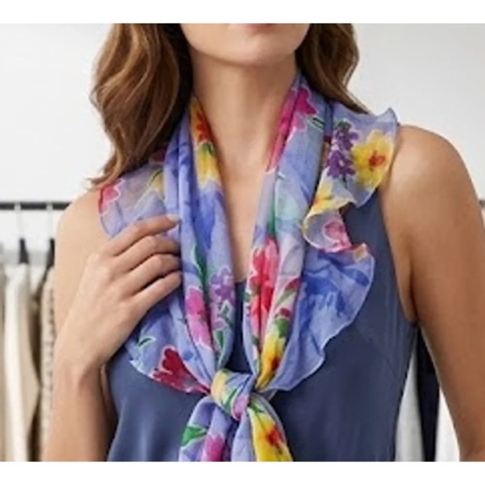 Lauren Ralph Lauren Silk Ruffle Scarf Purple Floral Print Lightweight Sheer OS